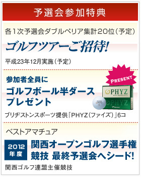 [予選会参加特典]各1次予選会ダブルペリア集計20位(予定) ゴルフツアーご招待 平成23年12月実施(予定)。参加者全員にゴルフボール半ダースプレゼント ブリヂストンスポーツ提供「PHYZ（ファイズ）」6コ。本戦30歳以上男子アマチュア最上位 関西オープンゴルフ選手権競技 最終予選会へシード!! 関西ゴルフ連盟主催競技。